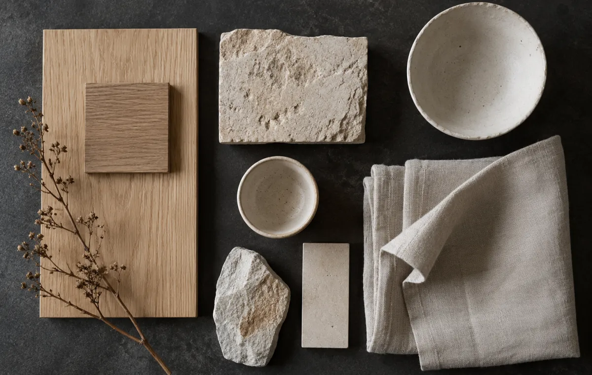 Holz, Naturstein, Keramik und Leinen als abgestimmte Materialauswahl.