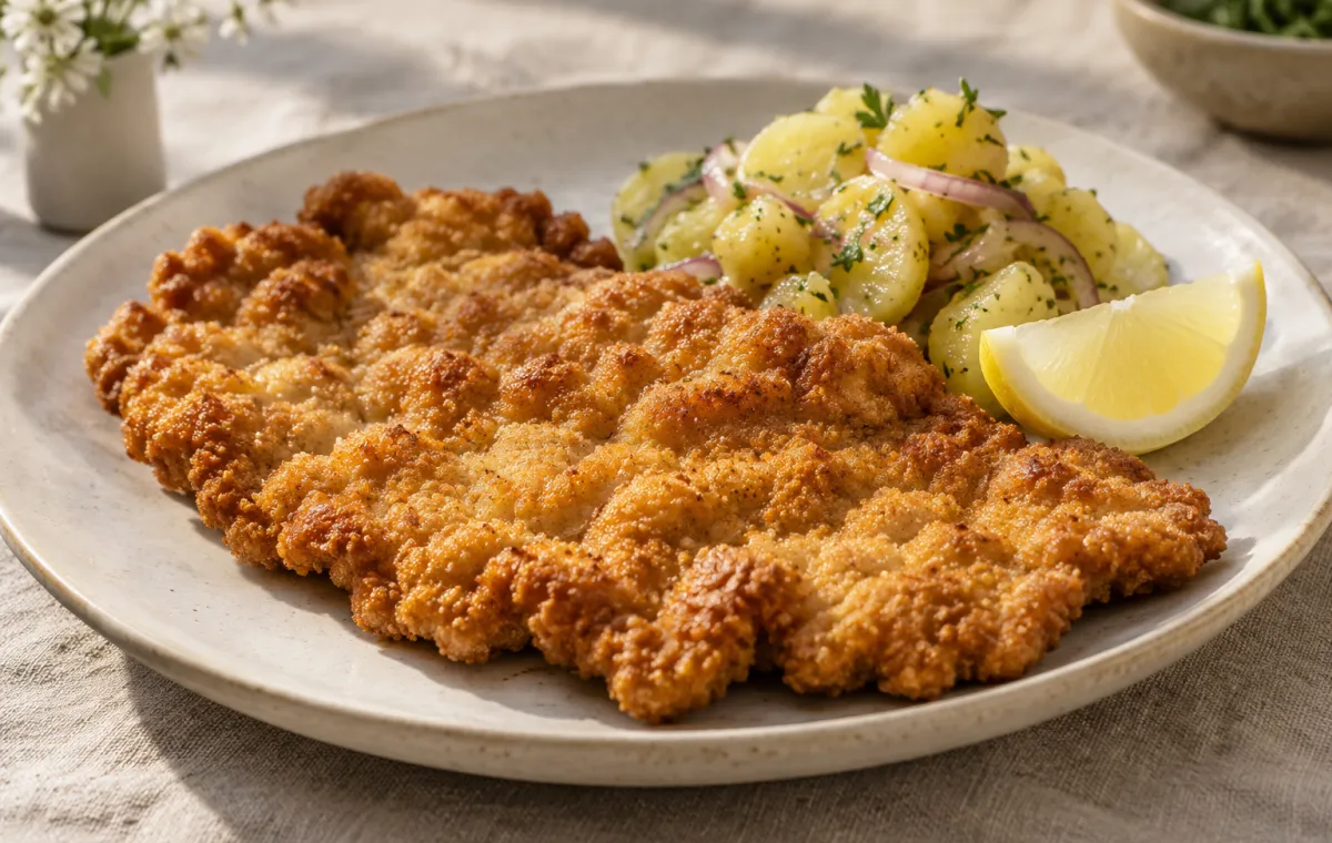 Goldgelb gebackenes Wiener Schnitzel mit Zitrone und Kartoffelsalat.