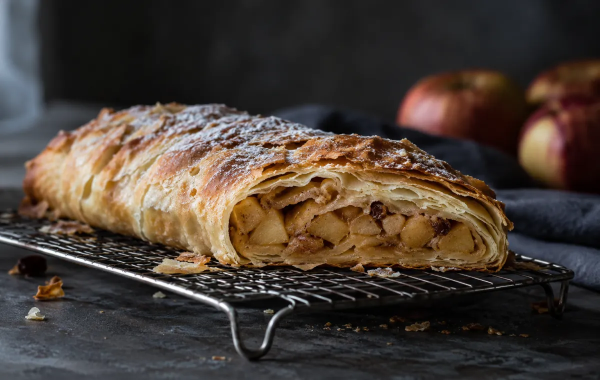 Aufgeschnittener Apfelstrudel mit feinen Teigschichten auf einem Kuchengitter.